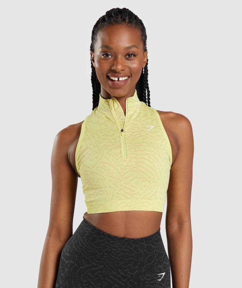 Women\'s Gymshark Adapt Animal Seamless 1/2 Zip Cropped Tops Yellow | NZ 7GXQPJ